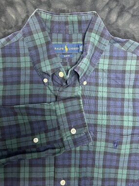 Ralph Lauren Slim Fit Shirt M Blue Green Plaid Long Sleeve Button-Down Cotton